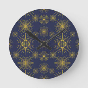 Boho Celestial Sol Stars Blue Mönster Rund Klocka