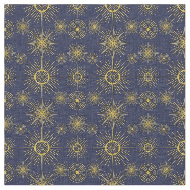 Boho Celestial Sol Stars Blue Mönster Tyg (Närbild)