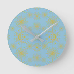 Boho Celestial Sol Stars Himlar Blue Rund Klocka