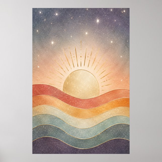 Boho Celestial Soluppgång Abstrakt Modern Öken Sol Poster (Framsidan)