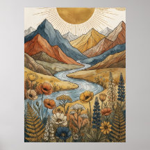Boho Celestial Soluppgång Berg Flod Lupin