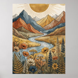 Boho Celestial Soluppgång Berg Flod Lupin Poster