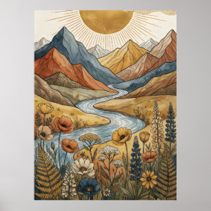 Boho Celestial Soluppgång Berg Flod Lupin Poster