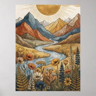Boho Celestial Soluppgång Berg Flod Lupin Poster