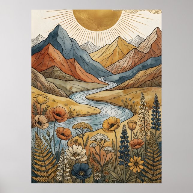 Boho Celestial Soluppgång Berg Flod Lupin Poster (Framsidan)