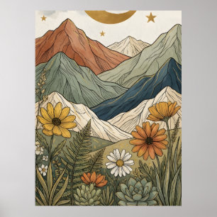Boho Celestial Stjärnig Bergs Sukkulent Poster