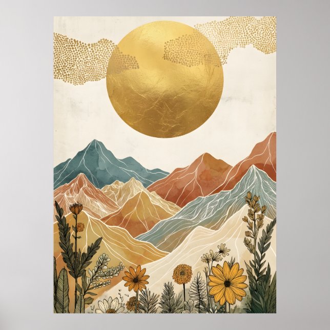 Boho Celestial Stor Guld Sol Berg Poster (Framsidan)