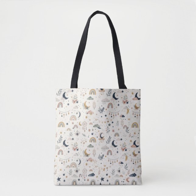 Boho Celestial Tote Bag | Neutral Måne och Stjärno Tygkasse (Framsida)