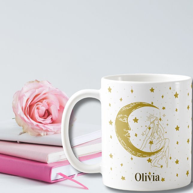Boho Celestial Woman Whimsical Måne Stars anpassni Kaffemugg (Skapare uppladdad)