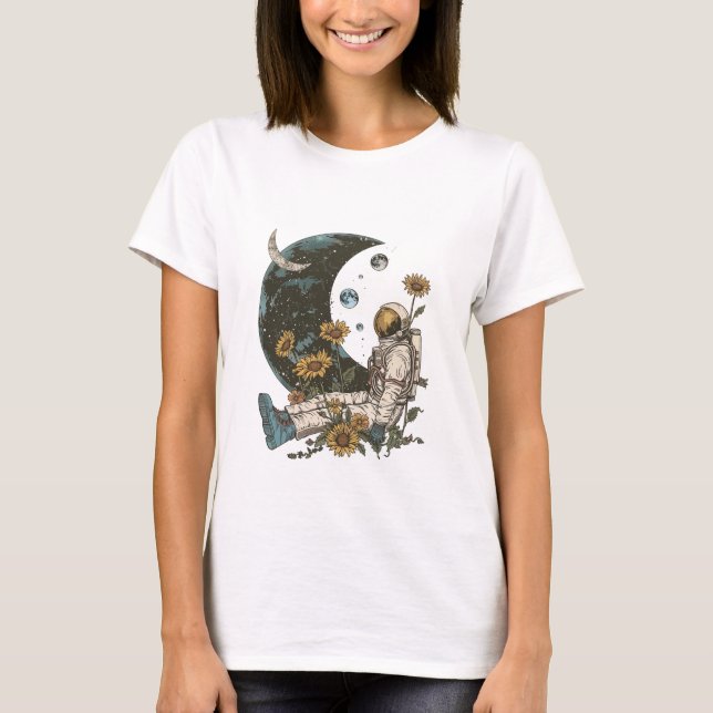 Boho Celestials Moon Astronaut i rymden T Shirt (Framsida)