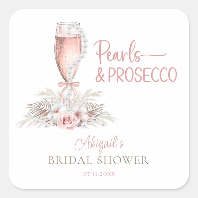 Boho Champagneglas Pärlor&Prosecco Bröllopsdusch Fyrkantigt Klistermärke (Framsida)