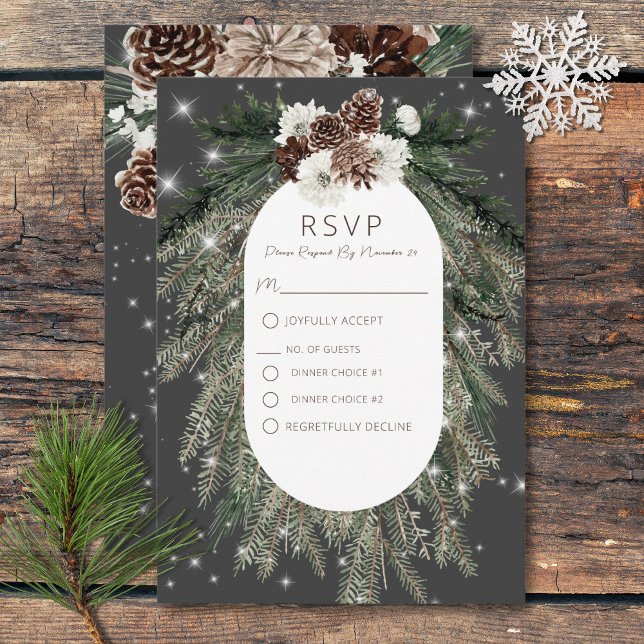 Boho Charcol Gräs Winter Gnistra 2 Middag OSA Kort (Boho Charcoal Pine Winter Sparkle Wedding RSVP Card)