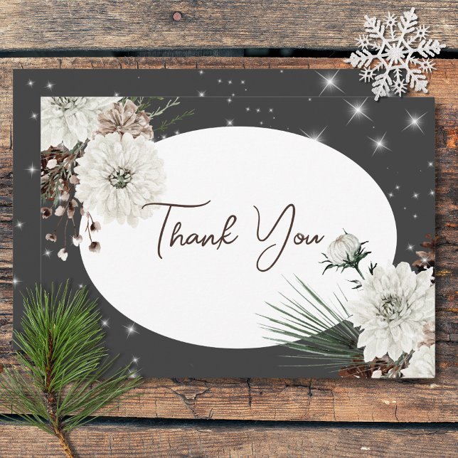 Boho Charcol Gräs Winter Gnistra Bröllop Tack Kort (Boho Charcoal Pine Winter Sparkle Wedding Thank You Card)