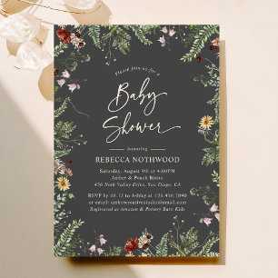 Boho Charcol Grått WildblomBaby Shower Inbjudningar