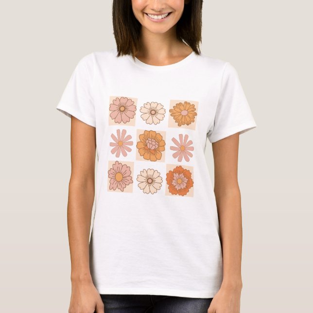 Boho Checkered Blommigt Shirt | Retro Flower Tee (Framsida)