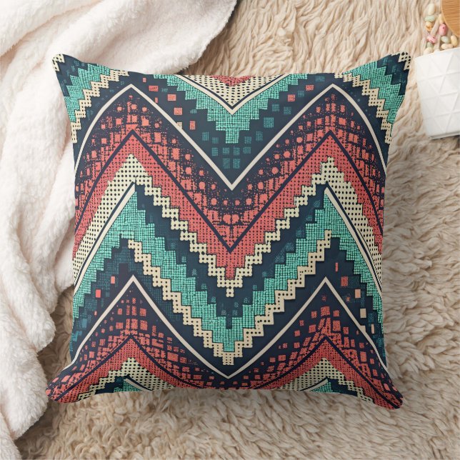 Boho Chevron Mönster | Teal, Coral & Cream Zigzag Kudde (Filt)