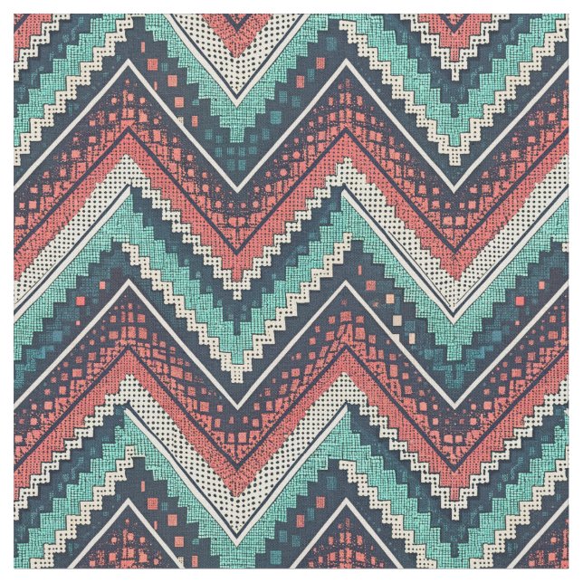 Boho Chevron Mönster | Teal, Coral & Cream Zigzag Tyg (Närbild)