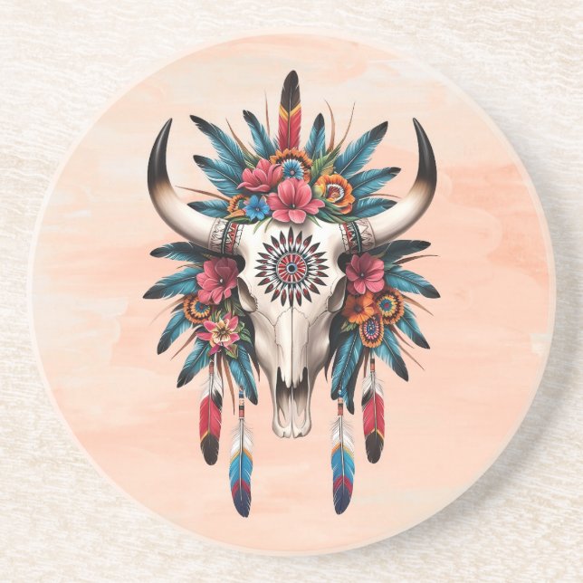 Boho Chic Akvarell Tribal Blommig Ko Skalle Underlägg (Framsidan)