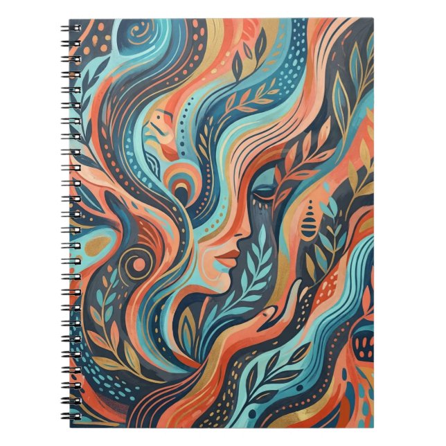 Boho Chic Andlig Gudinnebild med blad  Anteckningsbok (Framsidan)