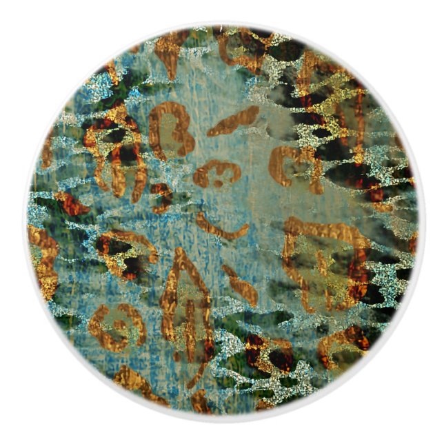 Boho Chic Animal Print Blue och Guld Mönster Knopp (Framsidan)