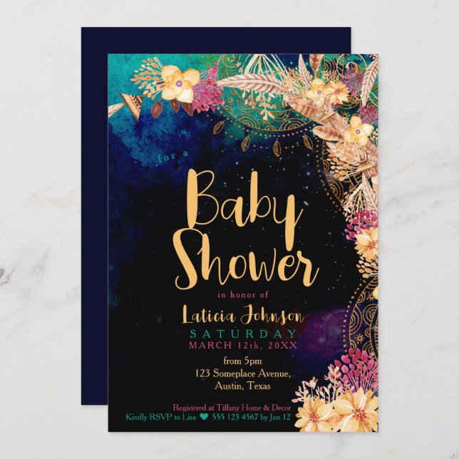 Boho Chic Baby Shower Bohemian Blommigt & Feathers (Fram/baksida)