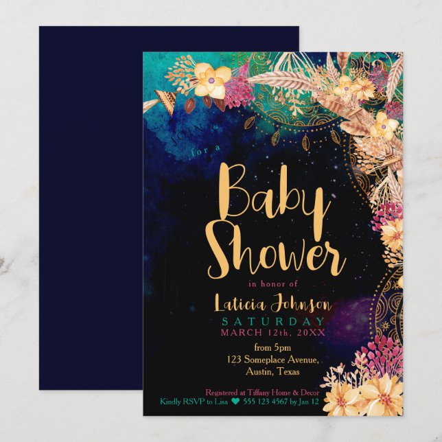 Boho Chic Baby Shower Bohemsk Blommig & Fjädrar (Fram/baksida)