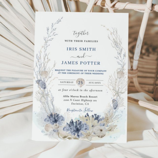 Boho Chic Beach Destination Hampton Bröllop Inbjudningar (beach-destination-wedding-invitation-cards-soft-pastel-blue-corals-reef-shells-elegant-boho-chic)