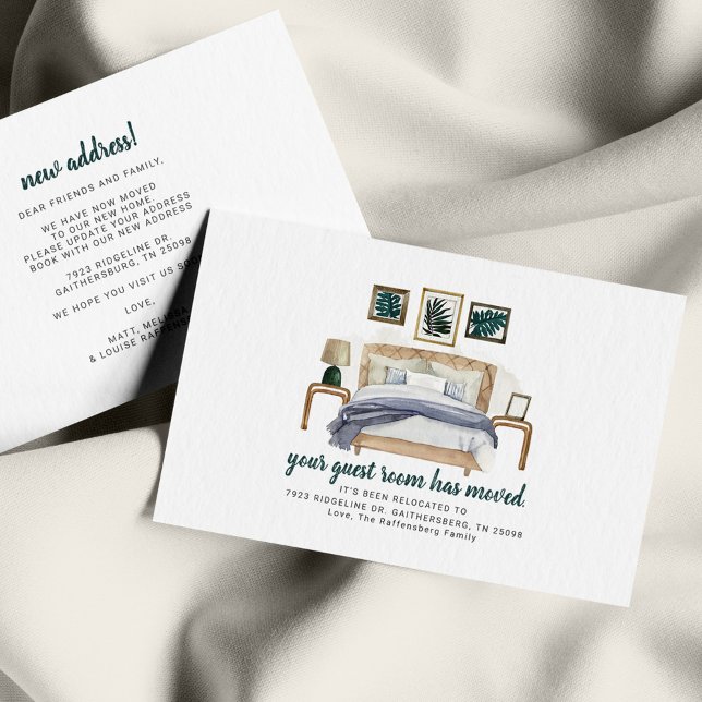Boho Chic Bedroom Guest Room har Flyttat Flytta Anteckningskort (Boho Watercolor Modern Change of Address Moving Announcement Note Card)