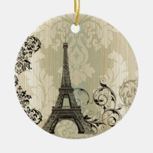 Boho chic beige damastast Paris Eiffel torn Julgransprydnad Keramik