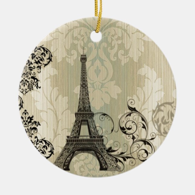 Boho chic beige damastast Paris Eiffel torn Julgransprydnad Keramik (Framsidan)