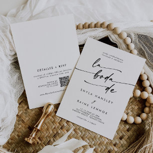 Boho Chic Black and White QR Code Spanska Bröllop Inbjudningar
