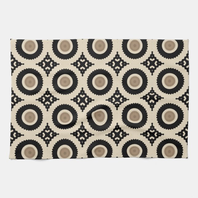 Boho Chic Black & Beige Geometric Mönster Kökshandduk (Horisontell)