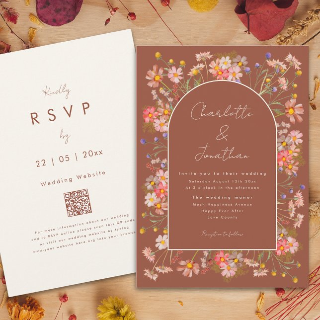 Boho Chic Blommig Båge Bränd Orange Höstbröllop Inbjudningar (Boho chic wildflower arch terracotta burnt orange fall wedding invitation )