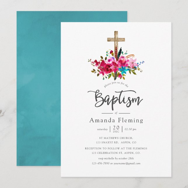 Boho Chic Blommig Dopceremoni Inbjudningar (Fram/baksida)