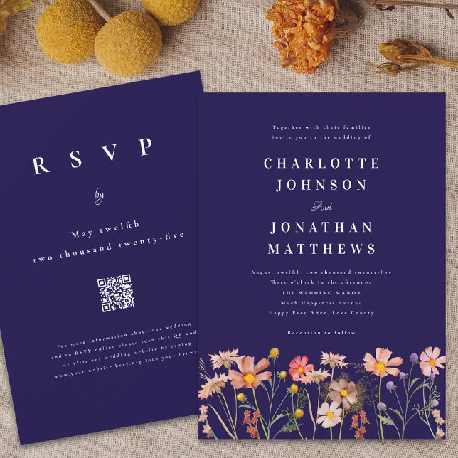 Boho Chic Blommig Höstbröllop Inbjudningar (Boho rustic floral navy blue fall wedding invitation Watercolor wild flowers elegant modern )