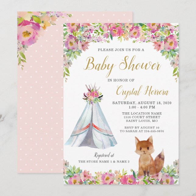 Boho Chic Blommig Räv Teepee Tribal Baby Shower Inbjudningar (Fram/baksida)