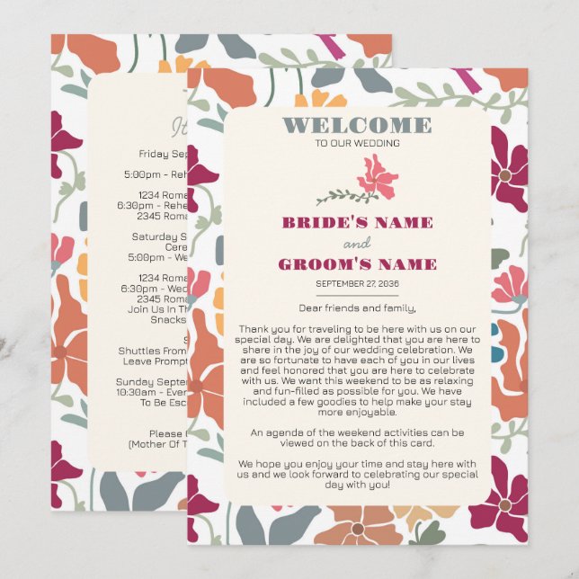 Boho Chic Blommig Retro Bröllopsschema Program (Fram/baksida)