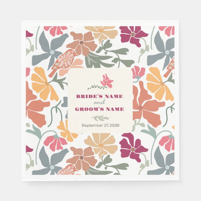 Boho Chic Blommig Retrobröllop från mitten av sekl Pappersservett (Framsidan)