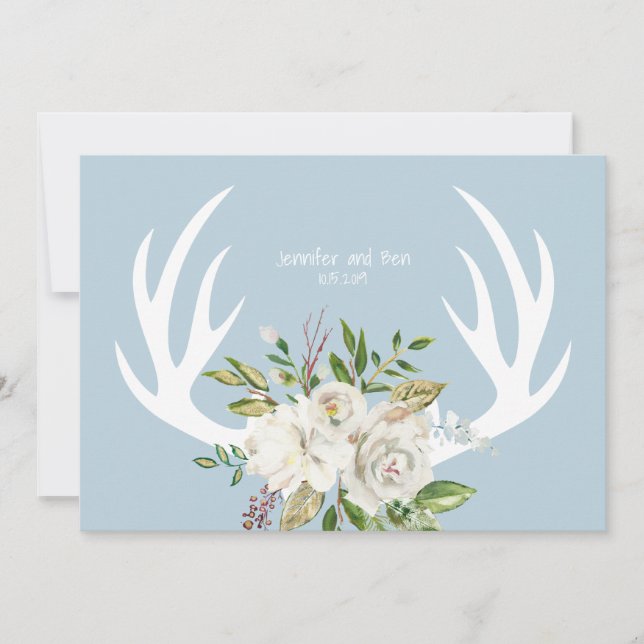 Boho Chic Blommigt Antlers Bröllop Blue Tack Kort (Framsida)