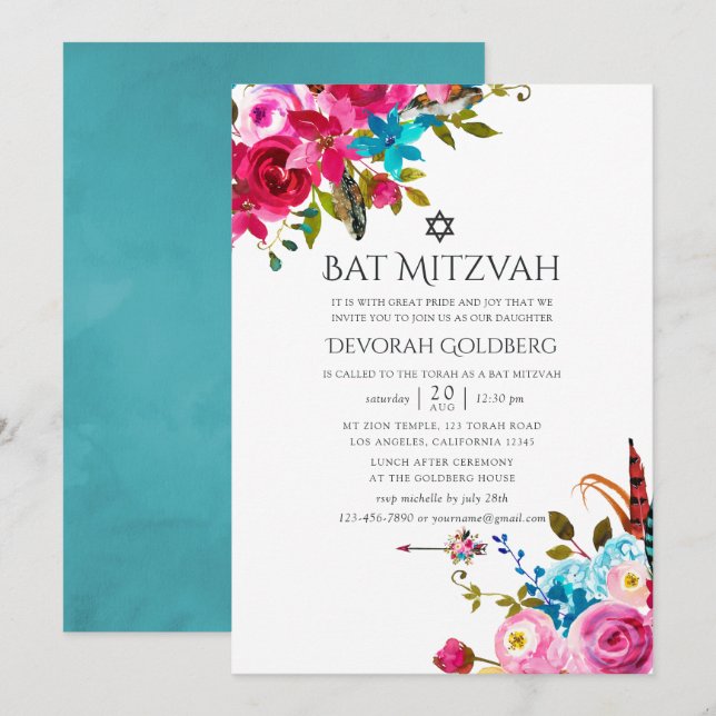 Boho Chic Blommigt Bat mitzvah Inbjudningar (Fram/baksida)