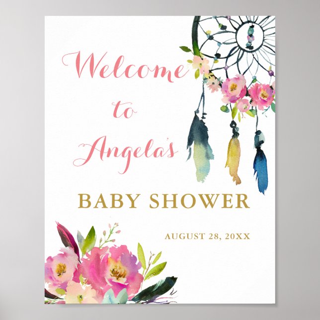 Boho Chic Blommigt Dream Catcher Baby Shower Välko Poster (Framsidan)