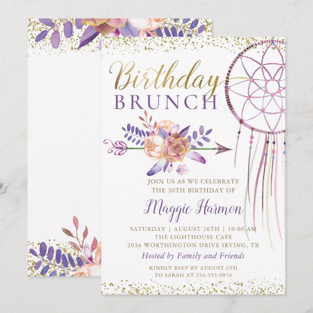 Boho Chic Blommigt Dreamcatcher Birthday Brunch Inbjudningar (Fram/baksida)