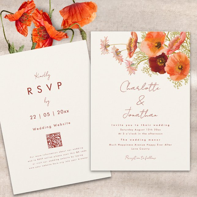 Boho Chic Blommigt Fall Wedding Inbjudningar (Boho floral fall wedding invitation with qr code orange peach and burnt orange script)