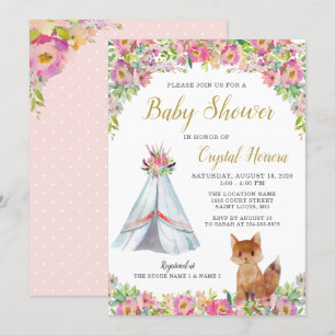 Boho Chic Blommigt Fox Teepee Tribal Baby Shower Inbjudningar