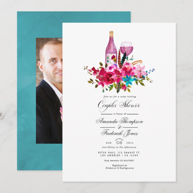 Boho Chic Blommigt Par Shower Vin Tasting Invit Inbjudningar (Fram/baksida)