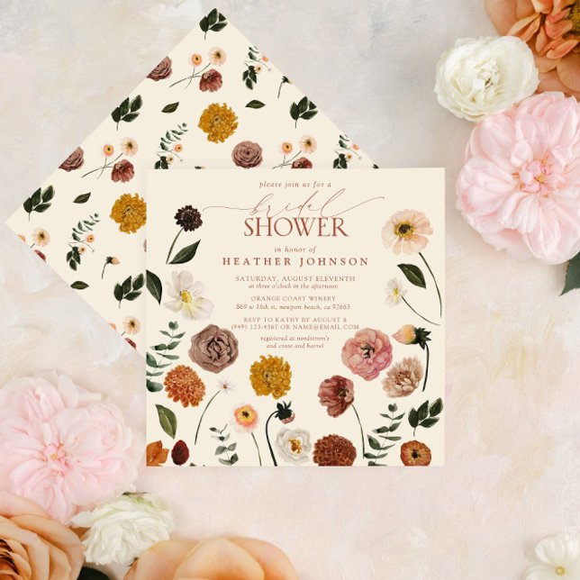 Boho Chic Blommigt Terracotta Modern Möhippa Inbjudningar (Easy to personalize fall terracotta floral bridal shower invitation.)