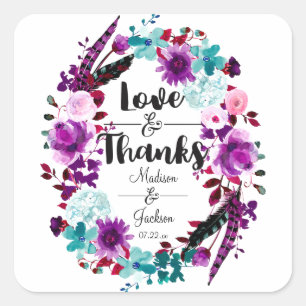 Boho Chic Blommigt Utandning Lila Kärlek och tack  Fyrkantigt Klistermärke