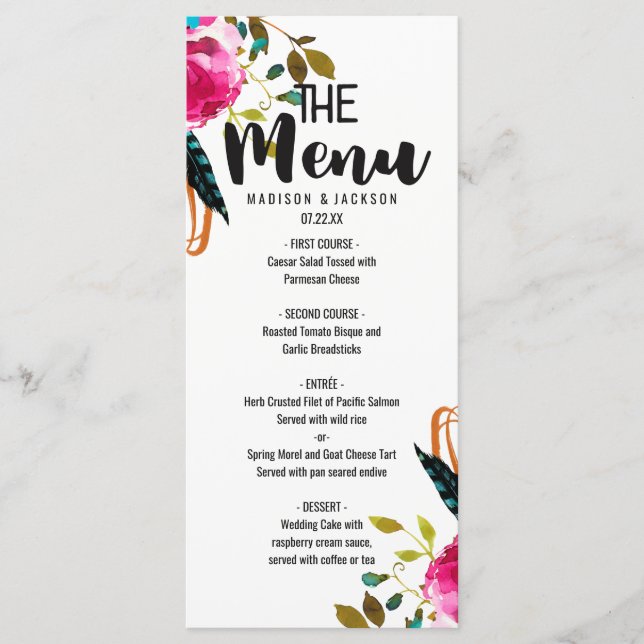 Boho Chic Blommigt Watercolor Bröllop Menu Meny (Framsida)