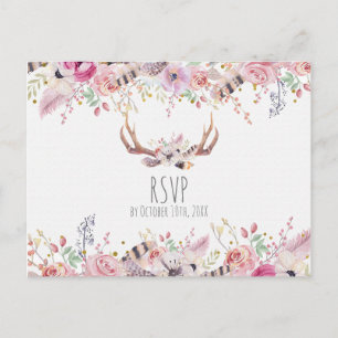 Boho Chic Blommor Hjorthorn Rustik Bröllop RSVP Inbjudan Vykort