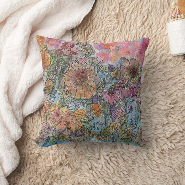 Boho Chic Blomsterträdgård Akvarellmålning  Kudde (Filt)